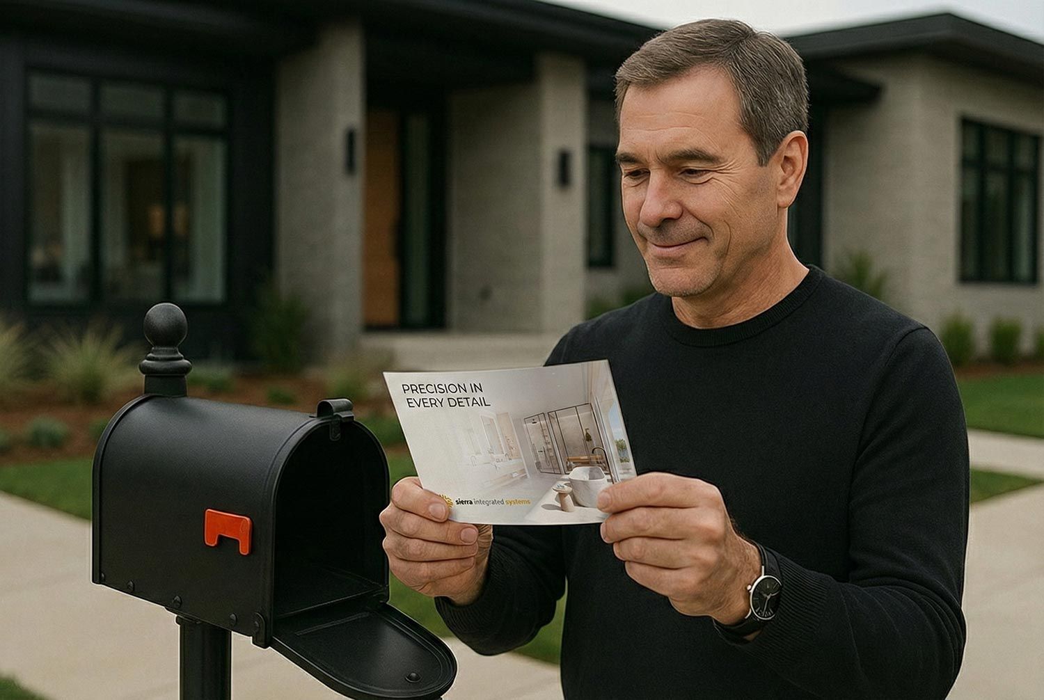 man checking a postcard beside an open black mailbox in front of a modern house